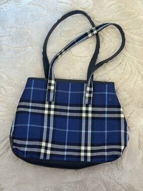 Vintage Burberrys Blue Plaid Tote Bag with Dual Shoulder Straps